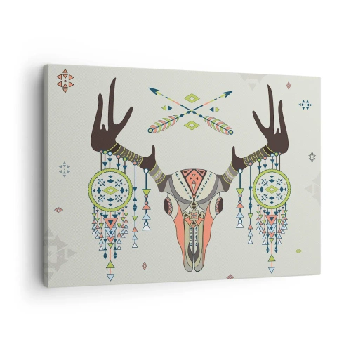 Obraz na płótnie - Boho dekoracja z czaszką jelenia i łapaczami snów - 70x50cm - Trofeum indiańskiego łowcy - Nowoczesna dekoracja ścienna do salonu i sypialni ARTTOR