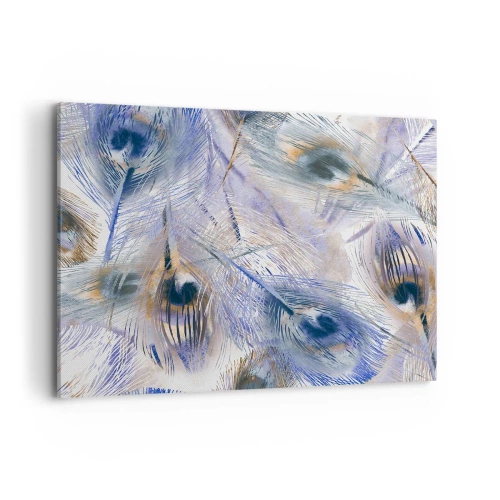 Obraz na płótnie - Wzór z piórami pawia w odcieniach błękitu i złota - 100x70cm - Pawiooka kompozycja - Nowoczesna dekoracja ścienna do salonu, kuchni i sypialni ARTTOR