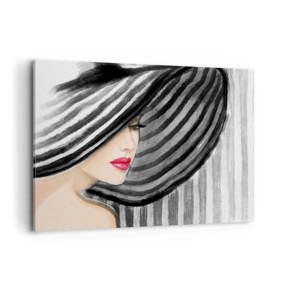 Obraz na płótnie - Kobieta w kapeluszu w czarno-białym stylu z czerwonym akcentem - 100x70cm - Gdzie ciebie szukać? - Nowoczesna dekoracja ścienna do salonu, kuchni i sypialni ARTTOR