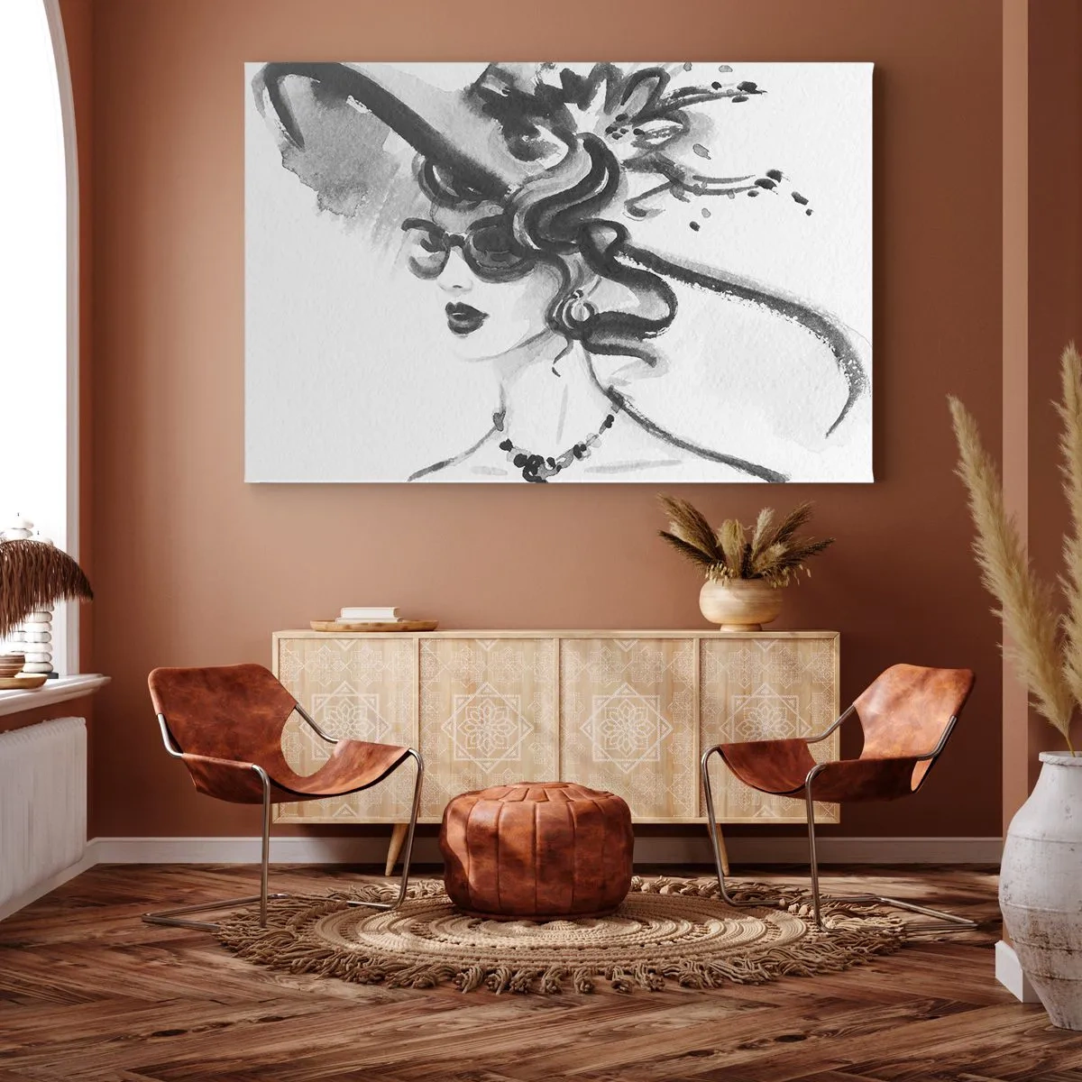 Obraz na płótnie - Elegancka kobieta w kapeluszu w czarno-białym stylu - 70x50cm - Dama z charakterem - Nowoczesna dekoracja ścienna do salonu i sypialni ARTTOR