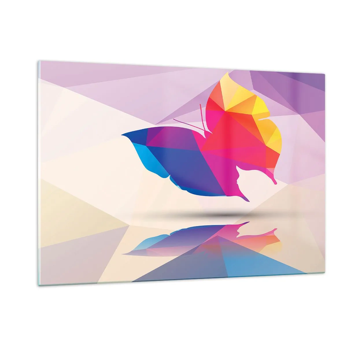 Obraz na szkle - Geometryczny motyl w jasnej kolorowej abstrakcji - 120x80cm - Motyla tęcza - Nowoczesna dekoracja ścienna do salonu, kuchni i sypialni ARTTOR