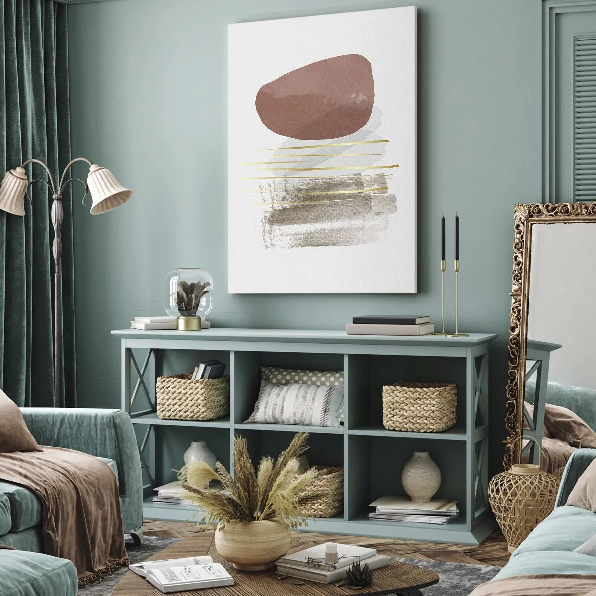 Obraz na płótnie - Abstrakcyjna kompozycja w beżowych i złotych odcieniach - 70x100cm - Abstrakcyjna kolumnada - Nowoczesna dekoracja ścienna do salonu i sypialni ARTTOR