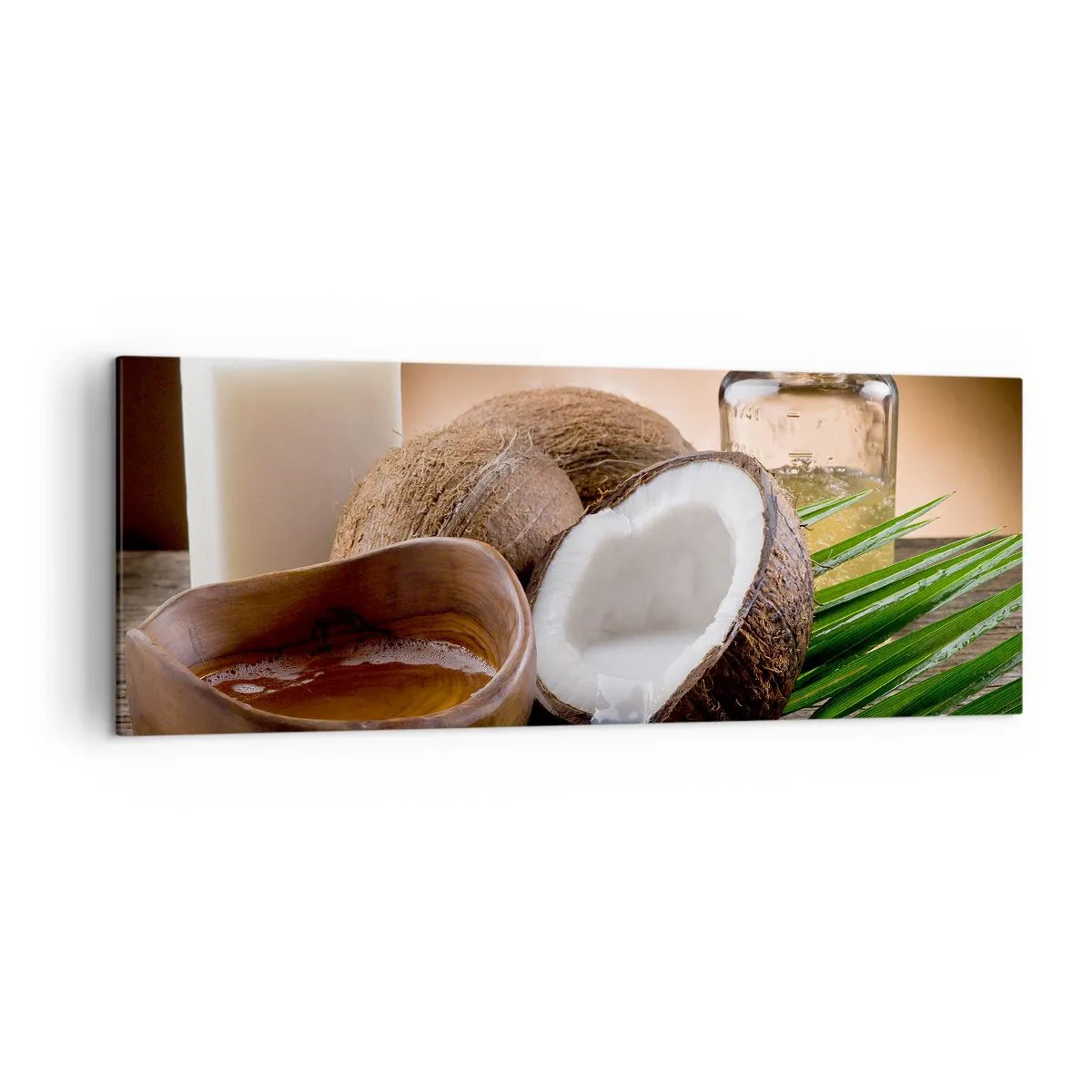 Obraz na płótnie - Kokosy, świeca i olejek na drewnianym tle - 140x50cm - Zdrowie z tropikalnych wysp - Nowoczesna dekoracja ścienna do salonu i sypialni ARTTOR