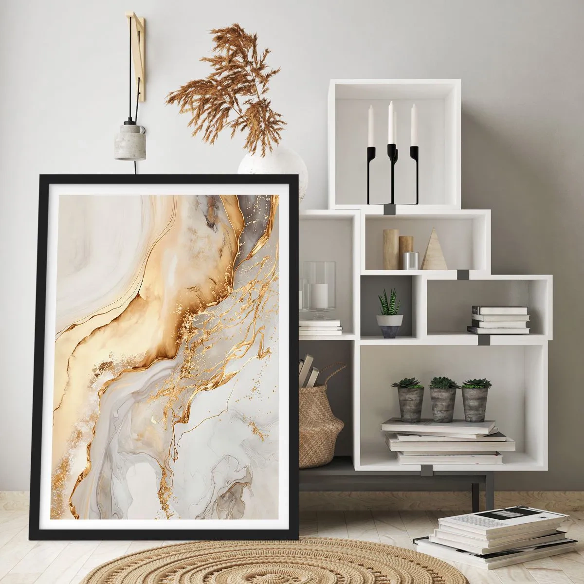 Plakat w czarnej ramie - Abstrakcyjna złoto-biała kompozycja marmurowa - 50x70cm - Abstrakcja: piękno i dobro - Nowoczesna dekoracja ścienna do salonu i sypialni ARTTOR