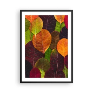 Plakat w czarnej ramie - Kolorowe liście w odcieniach zieleni, pomarańczu i czerwieni ułożone w mozaikę - 50x70cm - Jesienna mozaika - Nowoczesna dekoracja ścienna do salonu i sypialni ARTTOR