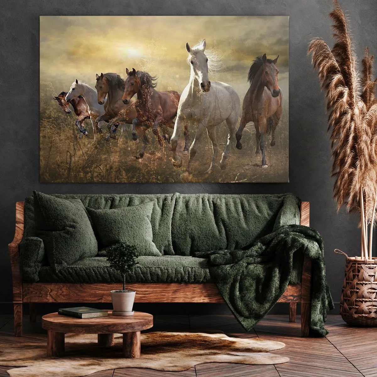 Obraz na płótnie - Grupa galopujących koni na tle zachodzącego słońca - 70x50cm - Niech żyje wolność! - Nowoczesna dekoracja ścienna do salonu i sypialni ARTTOR