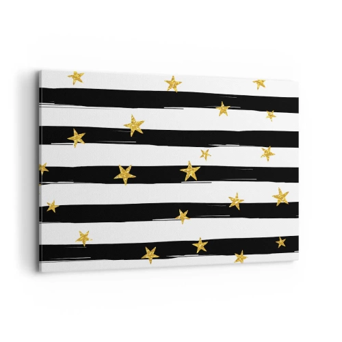 Obraz na płótnie - Czarno-białe pasy z złotymi gwiazdkami - 100x70cm - Wszyscy urodziliśmy się pod szczęśliwą gwiazdą - Nowoczesna dekoracja ścienna do salonu, kuchni i sypialni ARTTOR