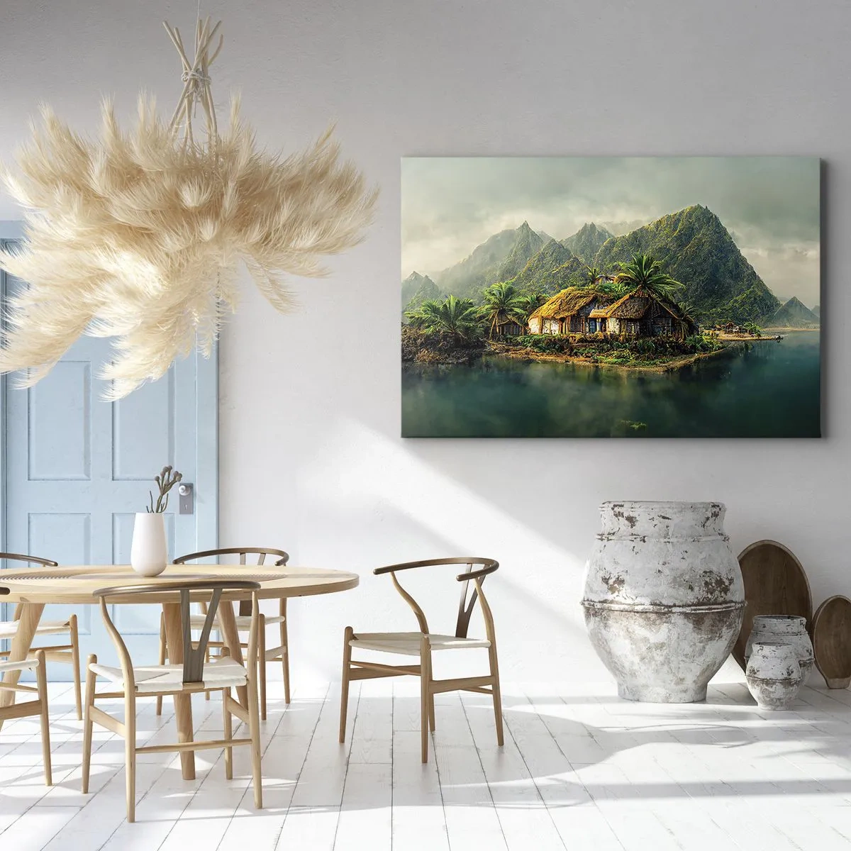 Obraz na płótnie - Tropikalna wyspa z palmami i górami w tle - 120x80cm - Tropikalny raj - Nowoczesna dekoracja ścienna do salonu, kuchni i sypialni ARTTOR