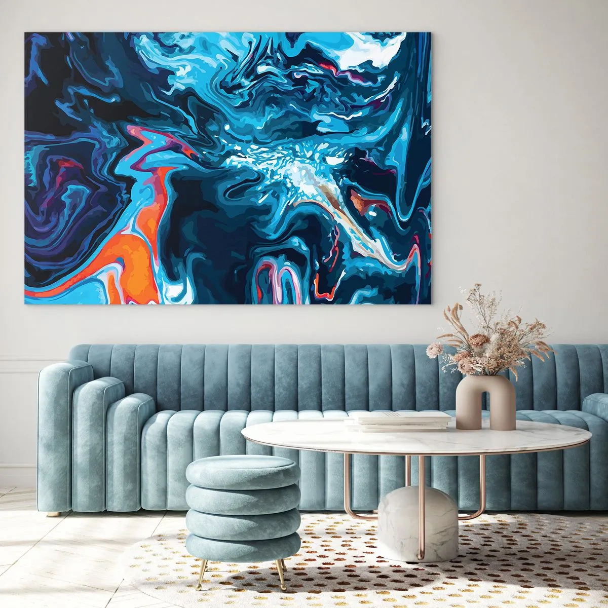 Obraz na szkle - Abstrakcyjny wzór w odcieniach niebieskiego z akcentami czerwieni i bieli - 100x70cm - Podróż do wnętrza nieba - Nowoczesna dekoracja ścienna do salonu, kuchni i sypialni ARTTOR