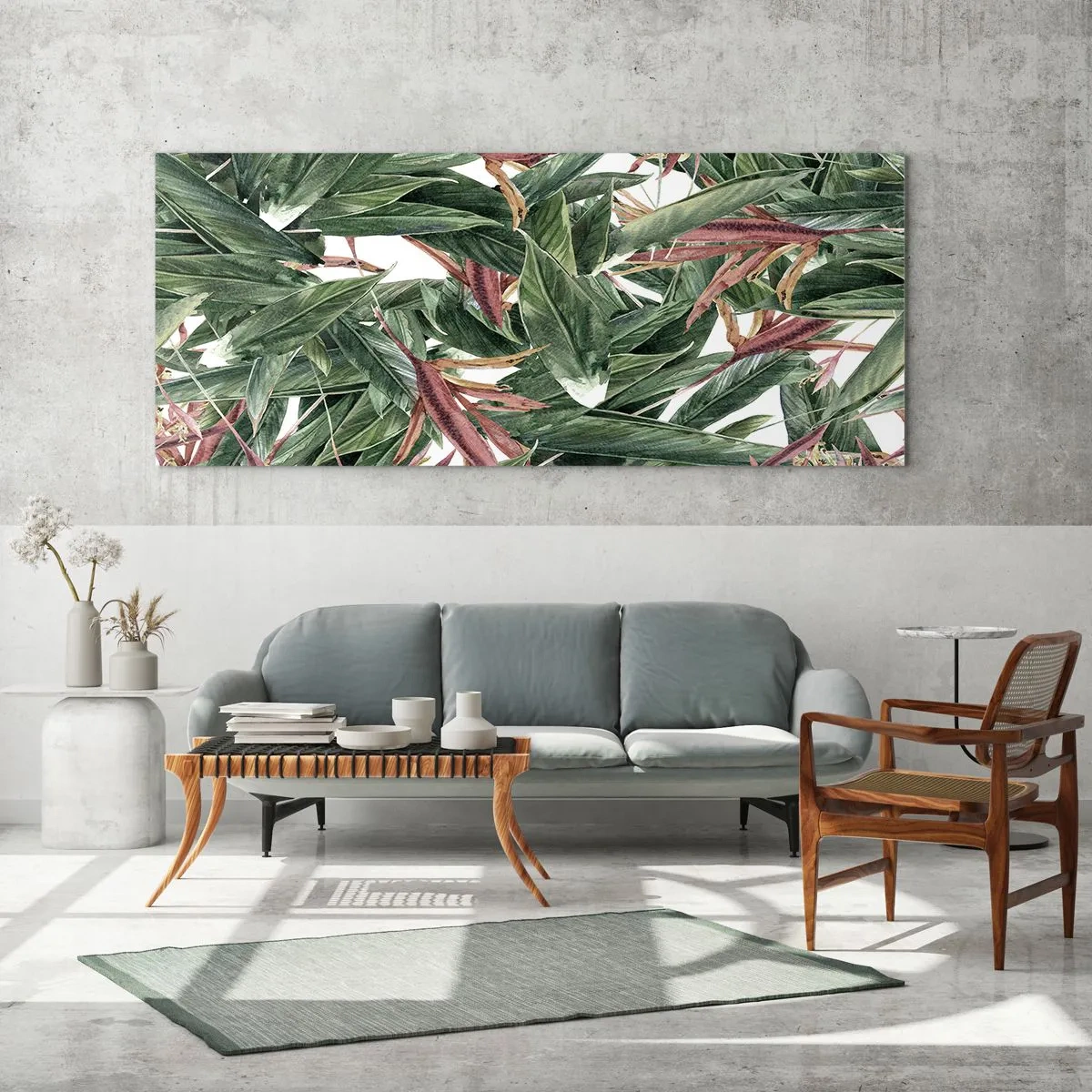 Obraz na szkle - Dekoracyjny motyw liści w odcieniach zieleni i bordo na jasnym tle - 160x50cm - Szmaragdowo-liliowy gąszcz - Nowoczesna dekoracja ścienna do salonu i sypialni ARTTOR