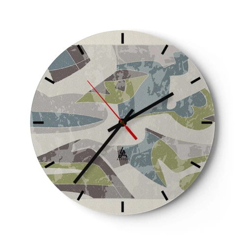 Zegar ścienny - Geometryczne abstrakcje w zieleni i błękicie na jasnym tle - 30x30cm - Kompozycja za szybą - Nowoczesna dekoracja ścienna do salonu, kuchni i sypialni ARTTOR