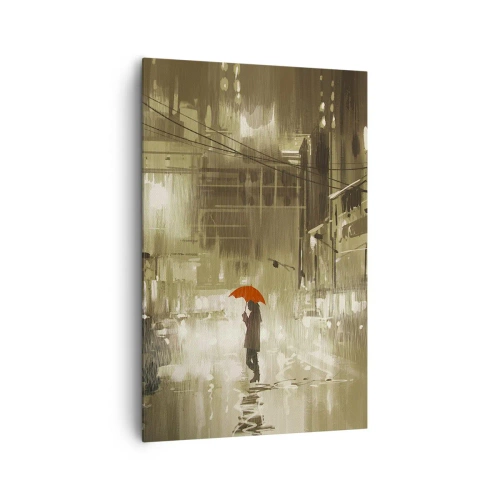 Obraz na płótnie - Postać z czerwonym parasolem w deszczowym mieście - 80x120cm - Sama, ale nie samotna - Nowoczesna dekoracja ścienna do salonu i sypialni ARTTOR