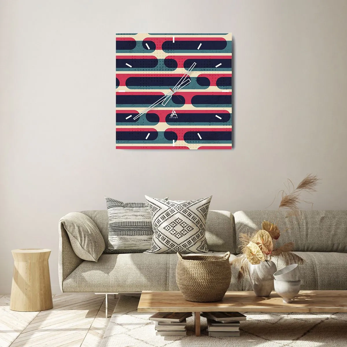 Zegar ścienny - Geometryczny wzór w stylu retro z pastelowymi barwami - 30x30cm - W głąb i do przodu - Nowoczesna dekoracja ścienna do salonu i sypialni ARTTOR