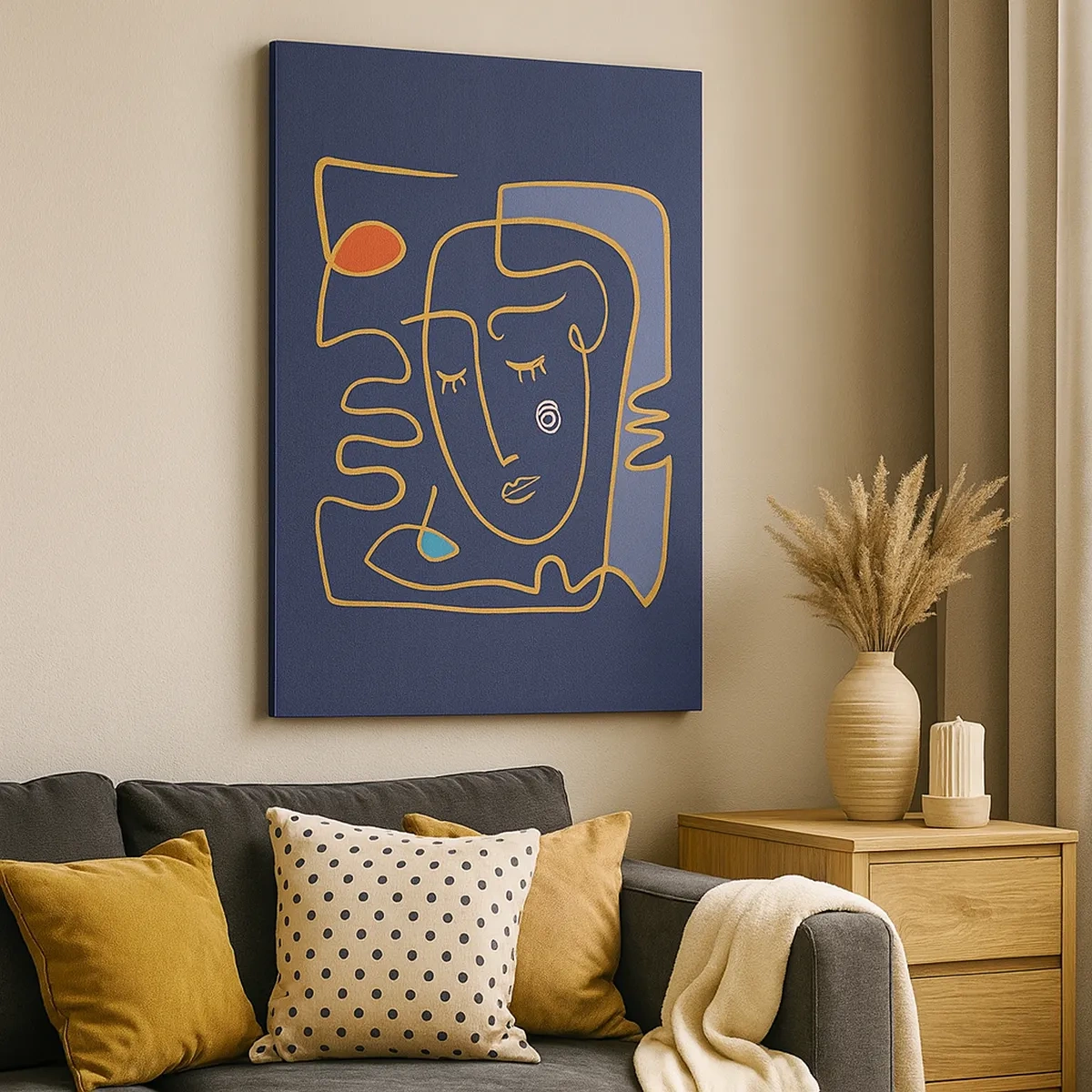 Obraz na płótnie - Minimalistyczna abstrakcyjna ilustracja twarzy na granatowym tle - 50x70cm - W zamyśleniu - Nowoczesna dekoracja ścienna do salonu, kuchni i sypialni ARTTOR