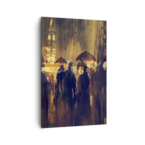 Obraz na płótnie - Postacie z parasolami w deszczowym mieście nocą - 80x120cm - Wyznawcy deszczu - Nowoczesna dekoracja ścienna do salonu i sypialni ARTTOR
