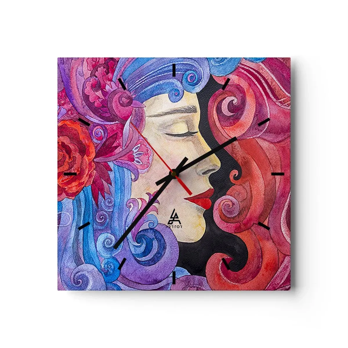 Zegar ścienny - Kolorowy profil kobiety w artystycznym stylu - 30x30cm - Secesja wciąż żywa - Nowoczesna dekoracja ścienna do salonu i sypialni ARTTOR