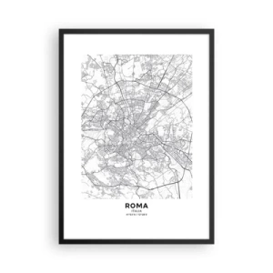 Plakat w czarnej ramie - Czarno-biała mapa Rzymu z detalami ulic i zabytków - 50x70cm - Rzymski krąg - Nowoczesna dekoracja ścienna do salonu i sypialni ARTTOR