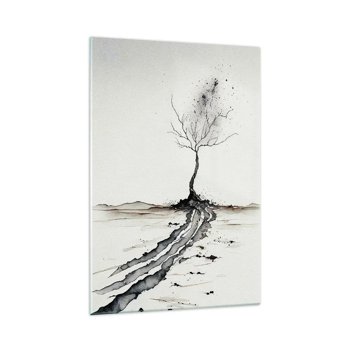 Obraz na szkle - Czarno-biały obraz samotnego drzewa z popękaną ziemią - 70x100cm - Zimowa melancholia - Nowoczesna dekoracja ścienna do salonu i sypialni ARTTOR