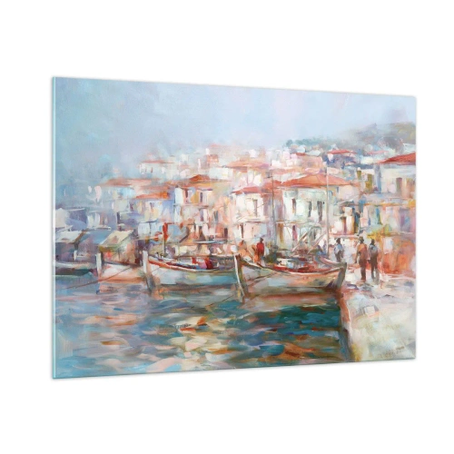 Obraz na szkle - Malowniczy port z łodziami w pastelowej kolorystyce - 100x70cm - Pastelowe wakacje - Nowoczesna dekoracja ścienna do salonu, kuchni i sypialni ARTTOR