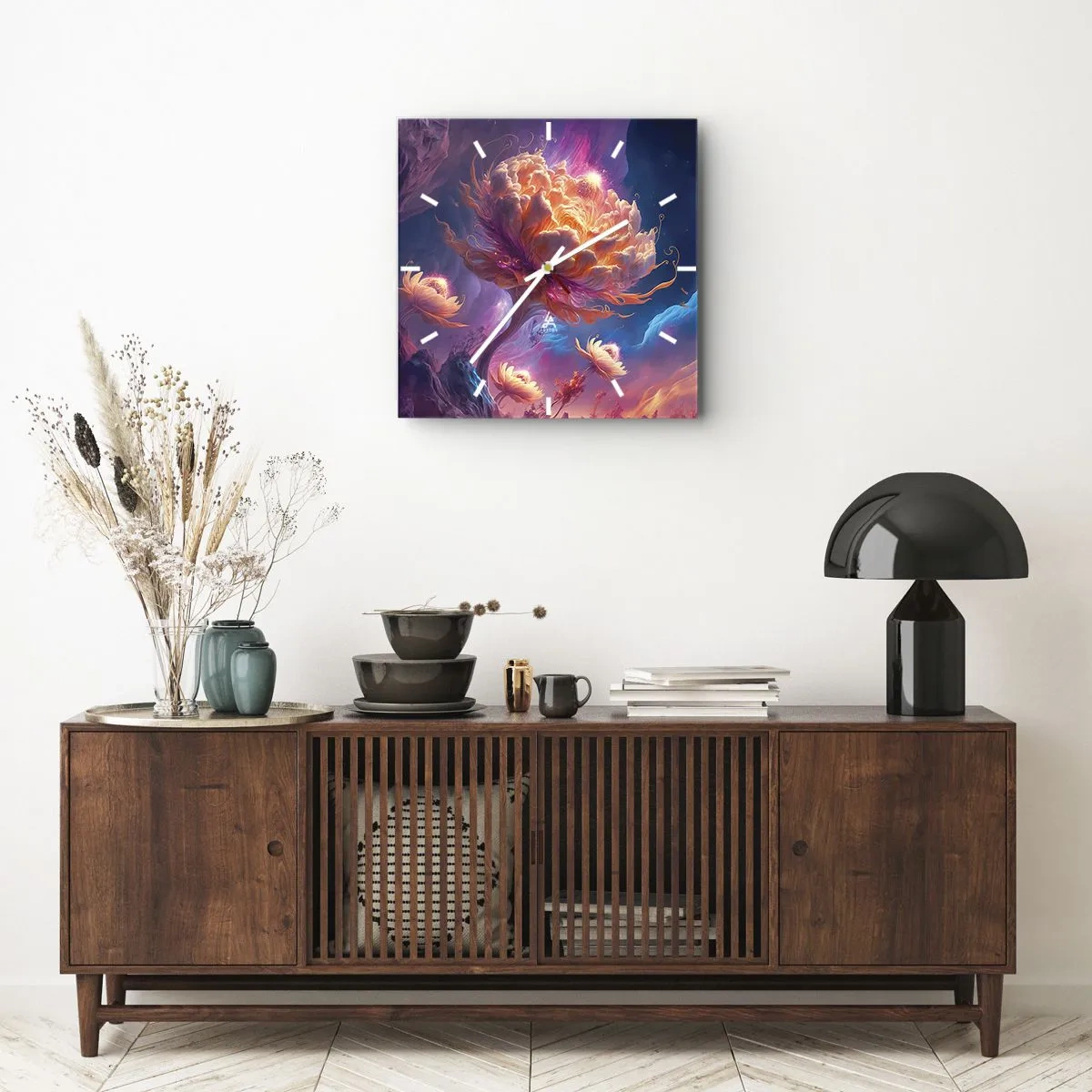 Zegar ścienny - Fantazyjne kwiaty w kosmicznym krajobrazie - 30x30cm - Inny świat - Nowoczesna dekoracja ścienna do salonu i sypialni ARTTOR