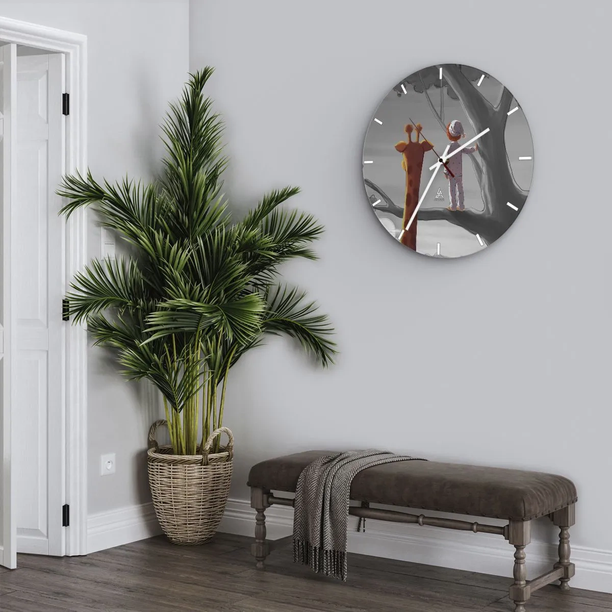 Zegar ścienny - Dziecko w piżamie i żyrafa stoją razem na gałęzi drzewa - 30x30cm - To się naprawdę dzieje - Nowoczesna dekoracja ścienna do salonu, kuchni i sypialni ARTTOR