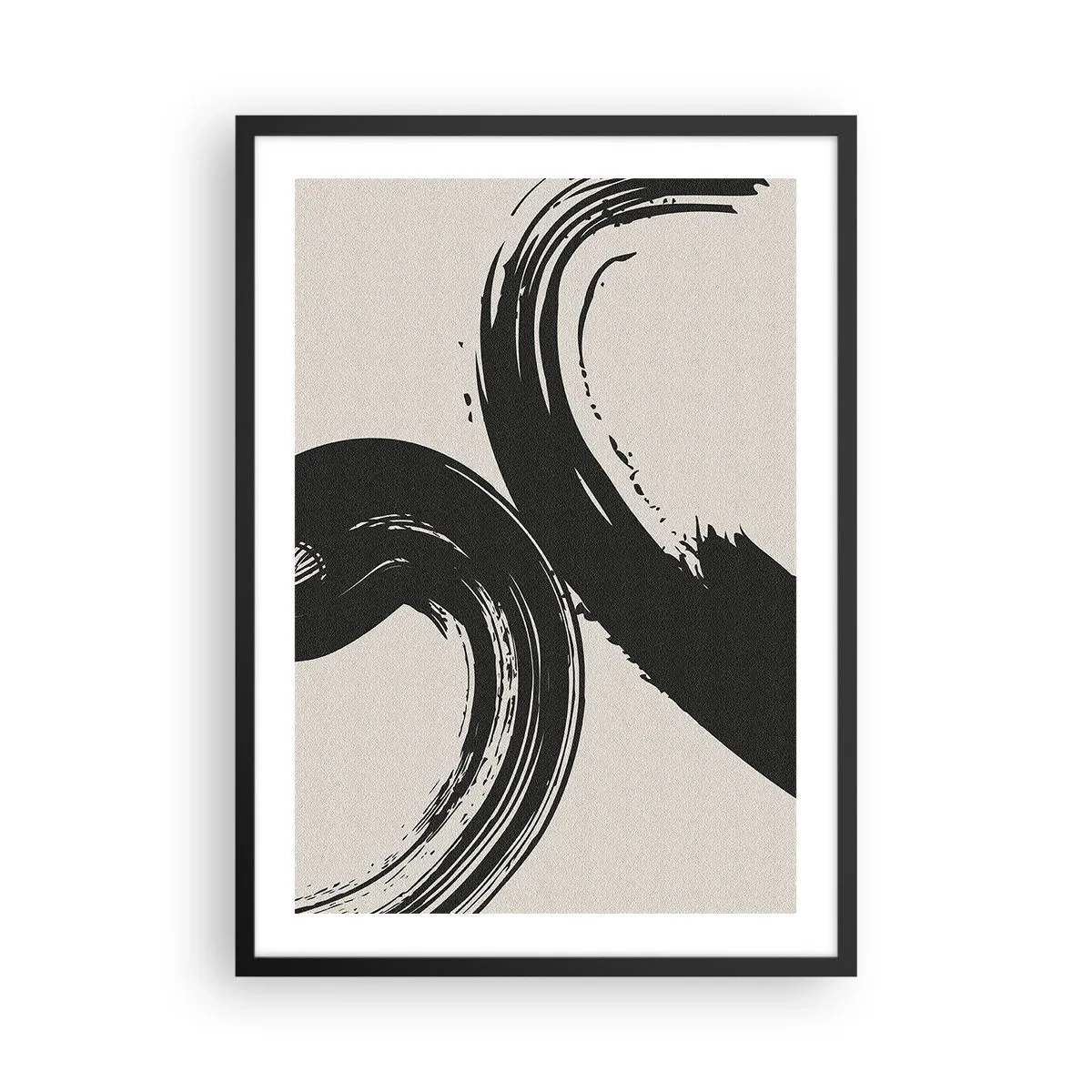 Plakat w czarnej ramie - Dynamiczne pociągnięcia pędzla na beżowym tle - 50x70cm - Zamaszyście i koliście - Nowoczesna dekoracja ścienna do salonu i sypialni ARTTOR