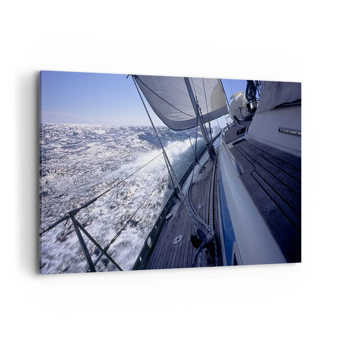 Obraz na płótnie - Żaglówka na wzburzonym morzu z białymi żaglami i drewnianym pokładem. - 120x80cm - Wiem, co to być ptakiem - Nowoczesna dekoracja ścienna do salonu, kuchni i sypialni ARTTOR