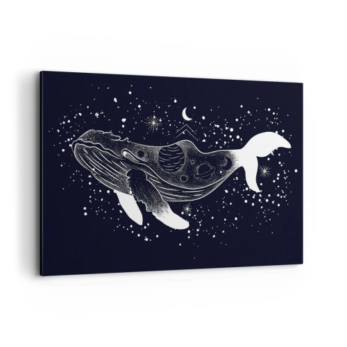 Obraz na płótnie - Graficzna ilustracja wieloryba w kosmicznym stylu - 120x80cm - W oceanie wszechświata - Nowoczesna dekoracja ścienna do salonu, kuchni i sypialni ARTTOR
