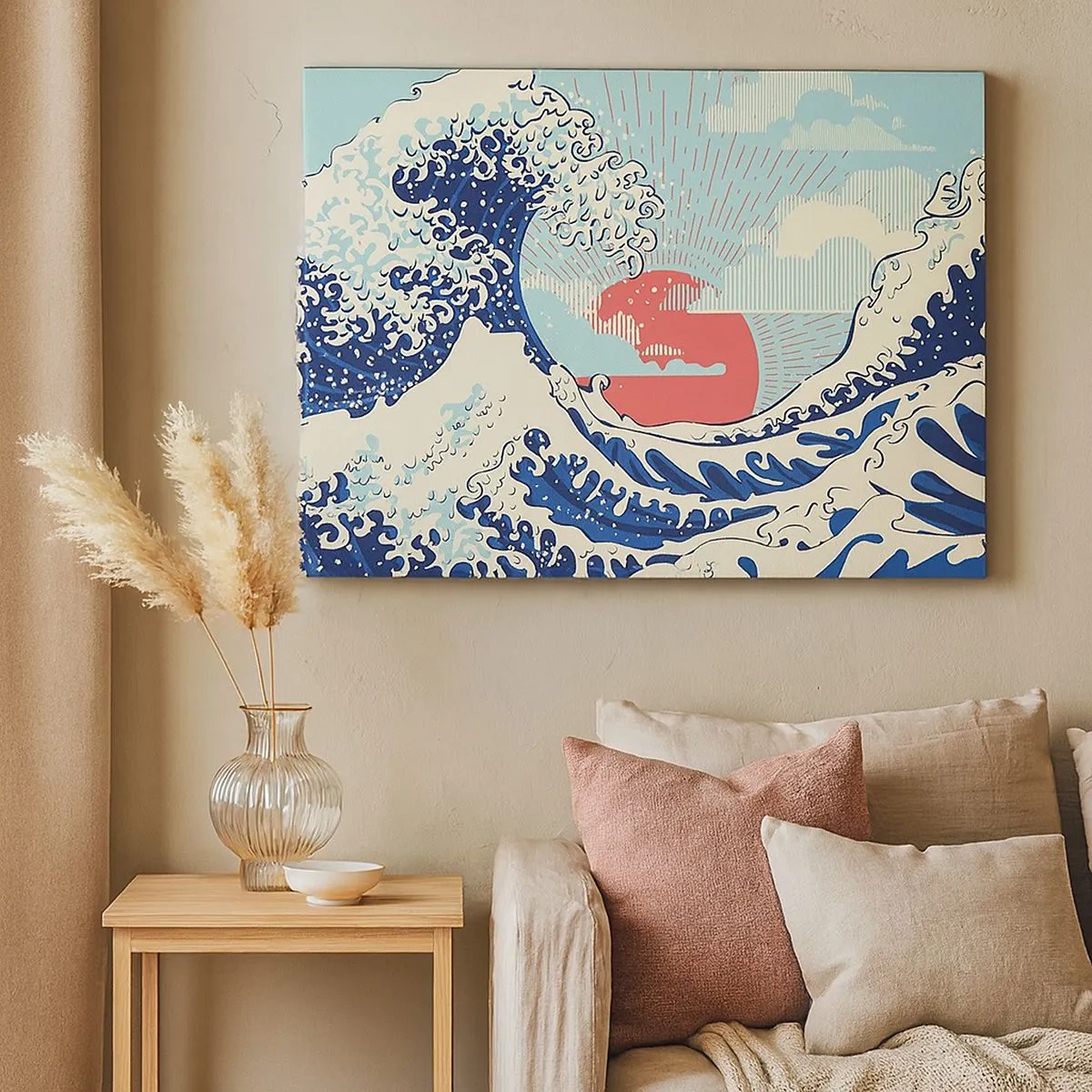 Obraz na płótnie - Fale oceanu i zachodzące słońce w stylu japońskim - 70x50cm - Z japońskich inspiracji - Nowoczesna dekoracja ścienna do salonu i sypialni ARTTOR