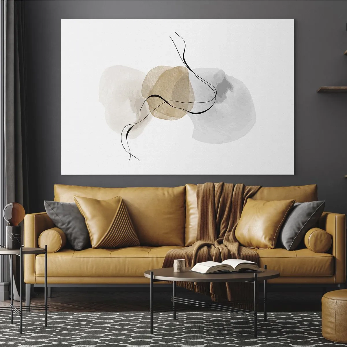 Obraz na szkle - Subtelna abstrakcja z pastelowymi plamami i czarnymi liniami - 70x50cm - Powietrzne paciorki - Nowoczesna dekoracja ścienna do salonu i sypialni ARTTOR