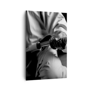 Obraz na płótnie - Samuraj w kimono trzymający katanę w czarno-białej tonacji - 80x120cm - Dusza wojownika - Nowoczesna dekoracja ścienna do salonu i sypialni ARTTOR