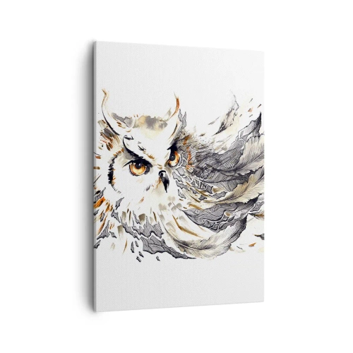 Obraz na płótnie - Sowa w locie z dynamicznymi piórami w artystycznej kompozycji - 50x70cm - Przybyła ze świata magii - Nowoczesna dekoracja ścienna do salonu, kuchni i sypialni ARTTOR