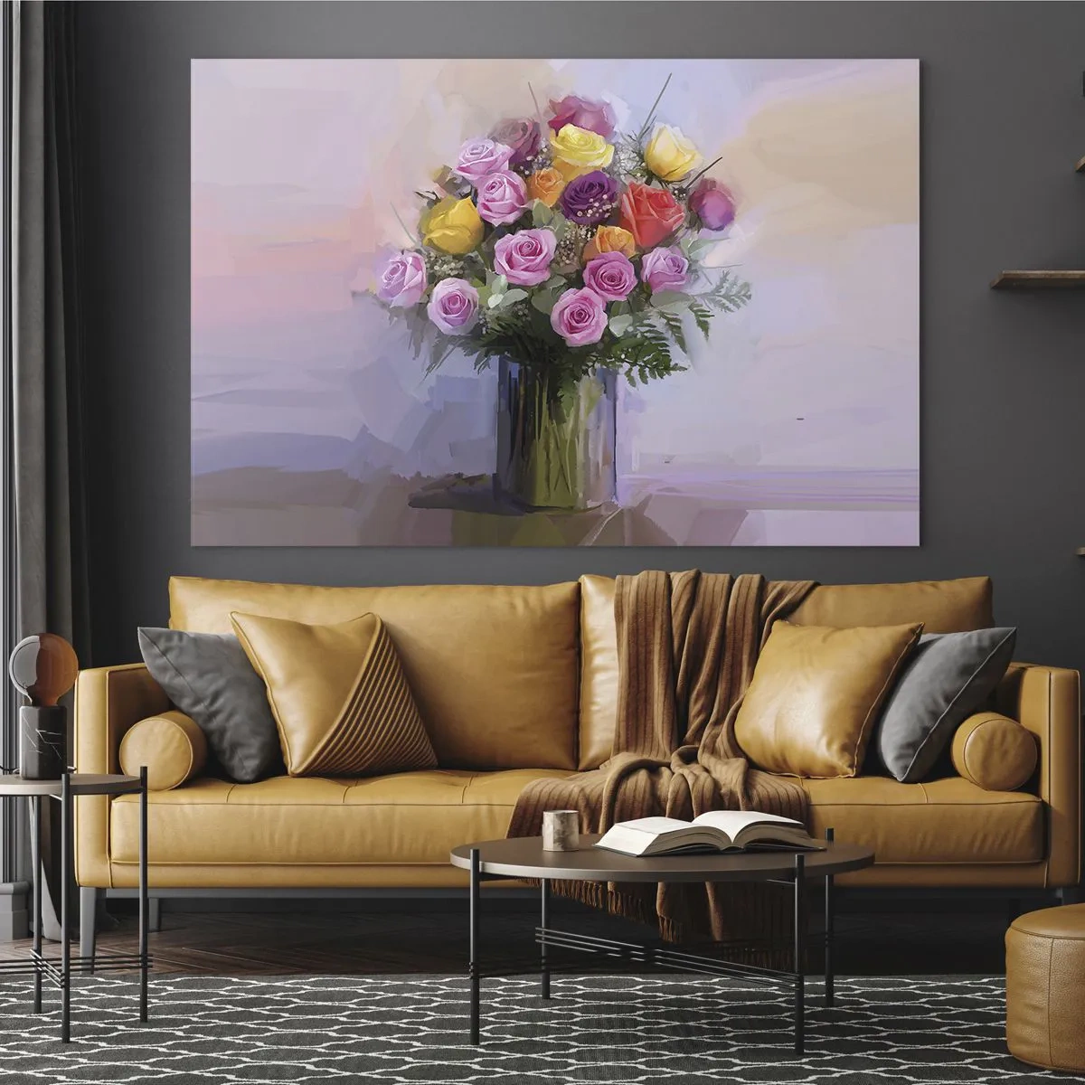 Obraz na szkle - Bukiet róż w szklanym wazonie na pastelowym tle - 70x50cm - Zatrzymane piękno - Nowoczesna dekoracja ścienna do salonu i sypialni ARTTOR