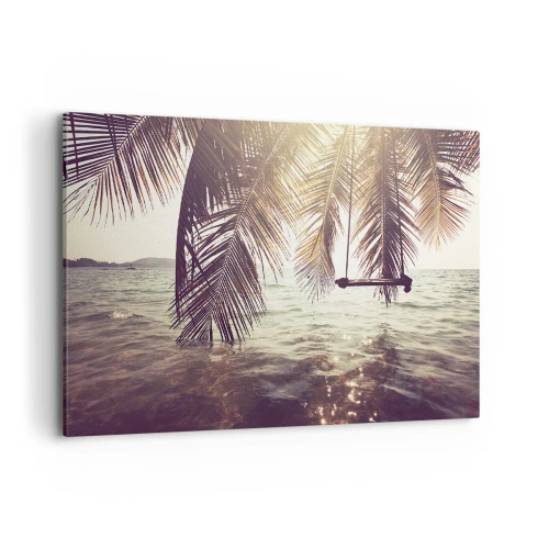 Obraz na płótnie - Palma z huśtawką nad wodą w świetle słońca - 100x70cm - Można bujać w obłokach do woli - Nowoczesna dekoracja ścienna do salonu, kuchni i sypialni ARTTOR