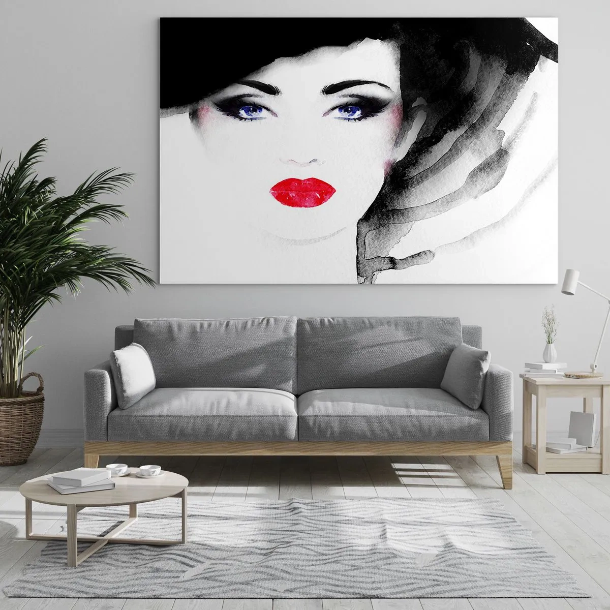 Obraz na szkle - Portret kobiety z wyrazistymi czerwonymi ustami i czarnym kapeluszem - 100x70cm - Odpycha i przyzywa - Nowoczesna dekoracja ścienna do salonu, kuchni i sypialni ARTTOR
