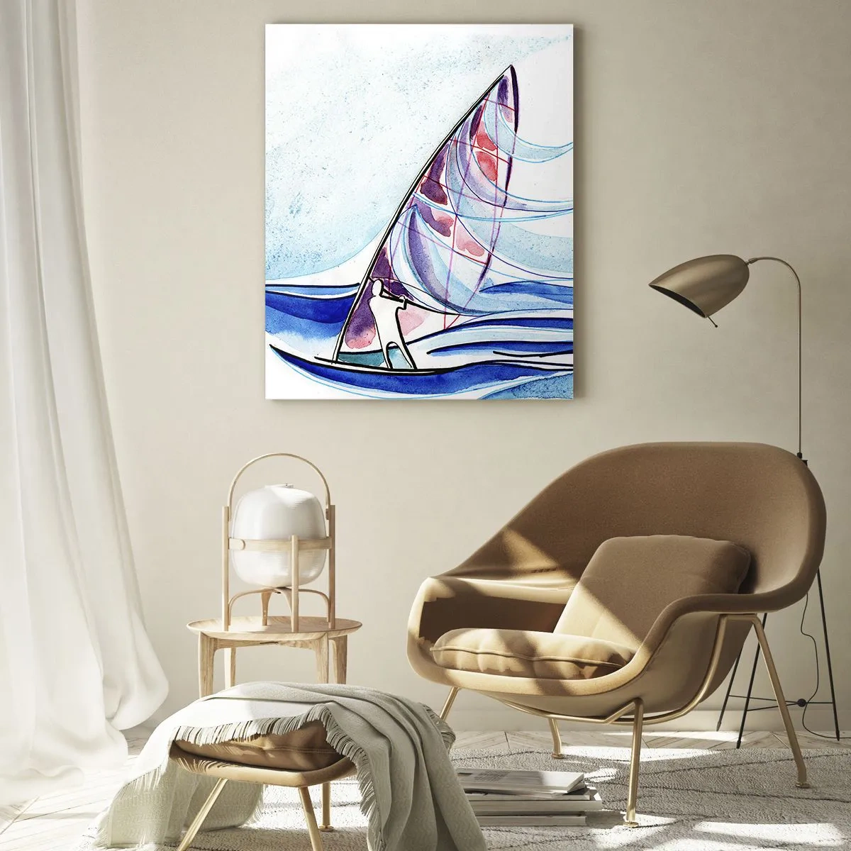Obraz na szkle - Surfer na falach w abstrakcyjnej kompozycji akwarelowej - 80x120cm - Z wiatrem w rytmie fal - Nowoczesna dekoracja ścienna do salonu i sypialni ARTTOR
