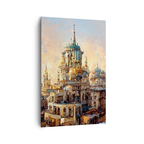 Obraz na płótnie - Architektoniczne wieże w promieniach zachodzącego słońca - 80x120cm - Miasto miast - Nowoczesna dekoracja ścienna do salonu i sypialni ARTTOR