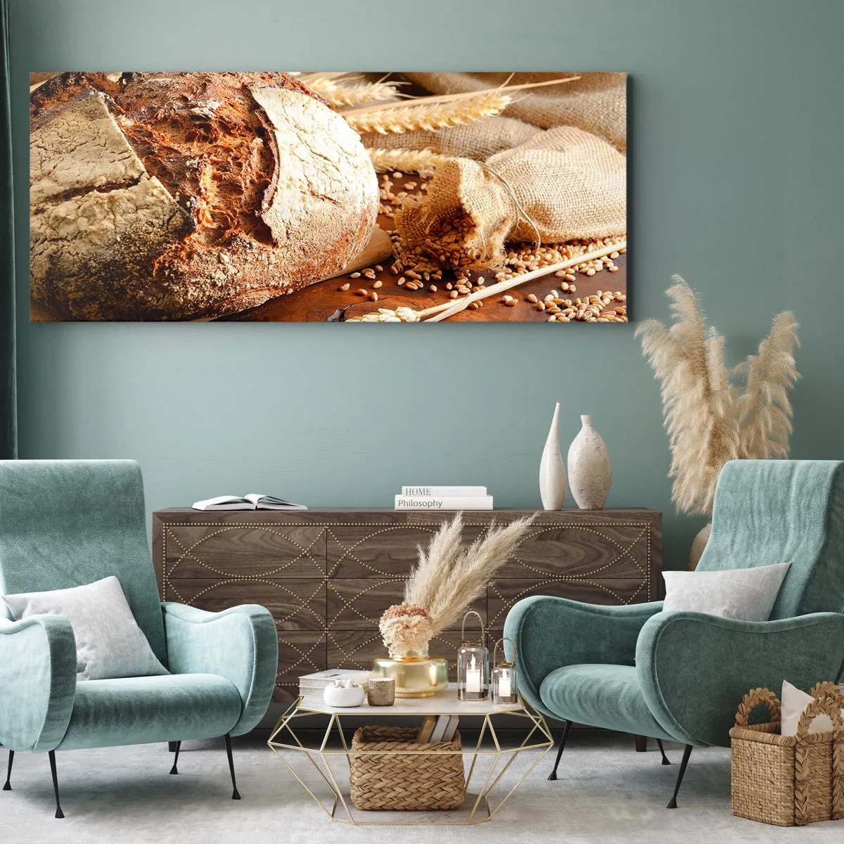 Obraz na płótnie - Chrupiący chleb z ziarnami i kłosami pszenicy na drewnianym tle - 160x50cm - Apetyczny, wonny, chrupiący - Nowoczesna dekoracja ścienna do salonu i sypialni ARTTOR