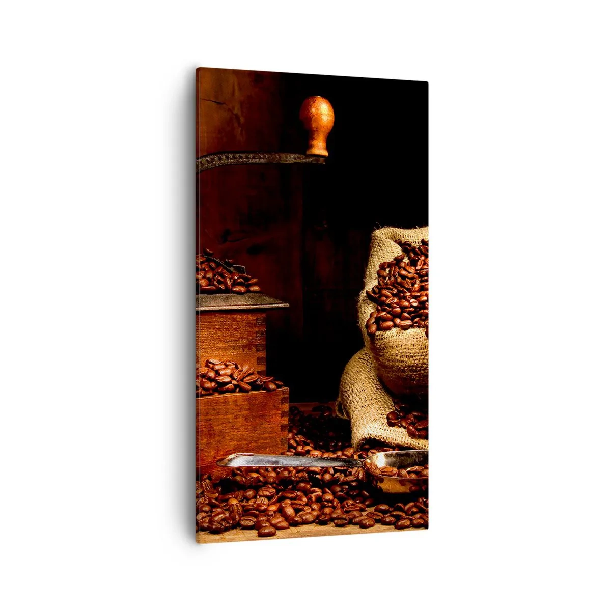 Obraz na płótnie - Martwa natura z ziarnami kawy i młynkiem - 55x100 cm