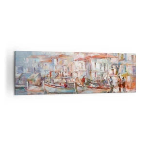 Obraz na płótnie - Impresja portowa z łodziami i budynkami - 160x50cm - Pastelowe wakacje - Nowoczesna dekoracja ścienna do salonu i sypialni ARTTOR