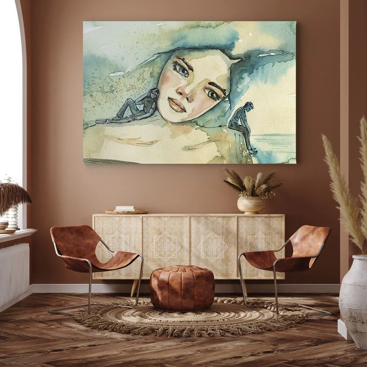 Obraz na płótnie - Akwarela twarzy kobiety z refleksyjnym motywem - 120x80cm - Am I blue? - Nowoczesna dekoracja ścienna do salonu, kuchni i sypialni ARTTOR