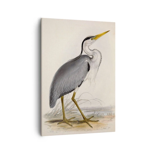 Obraz na płótnie - Elegancka ilustracja czapli stojącej na brzegu w delikatnych odcieniach - 50x70cm - Czapli wdzięk - Nowoczesna dekoracja ścienna do salonu, kuchni i sypialni ARTTOR