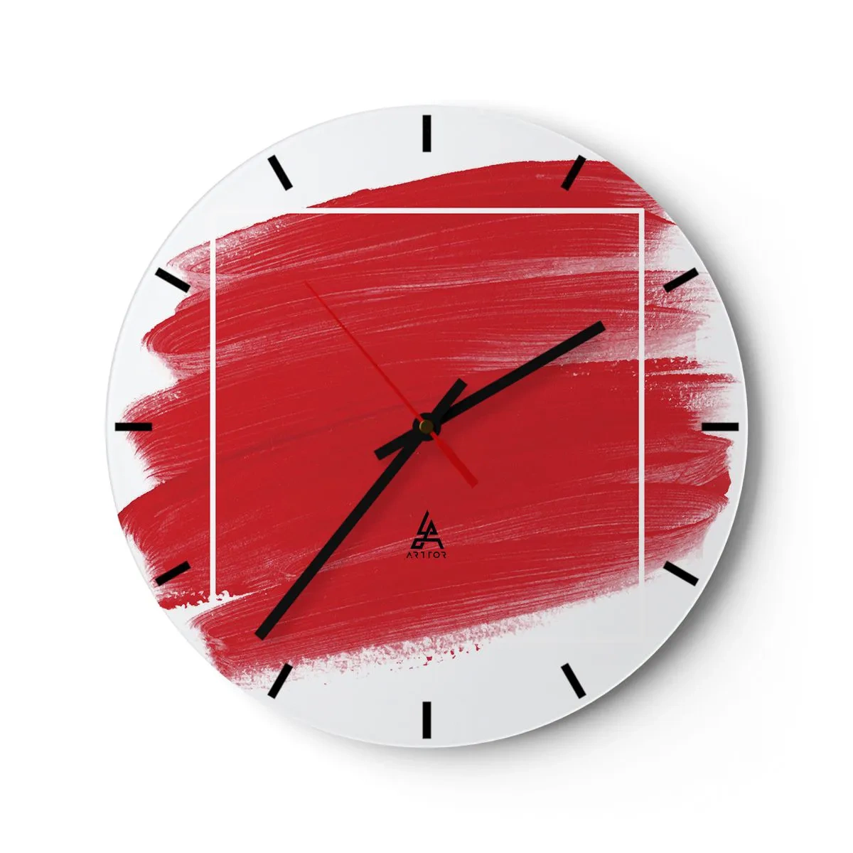Zegar ścienny - Czerwony pociągnięcie pędzla przekraczające białą ramkę - 30x30cm - Poza ramą - Nowoczesna dekoracja ścienna do salonu, kuchni i sypialni ARTTOR