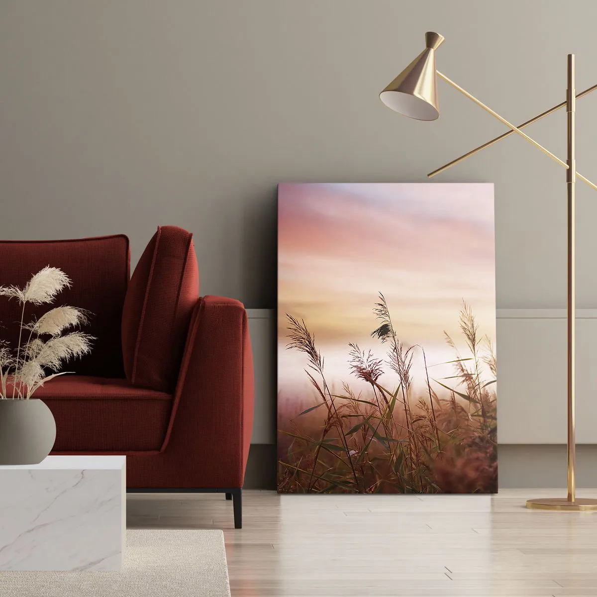 Obraz na płótnie - Delikatne trawy o zachodzie słońca - 50x70cm - Latawce, dmuchawce, wiatr - Nowoczesna dekoracja ścienna do salonu, kuchni i sypialni ARTTOR