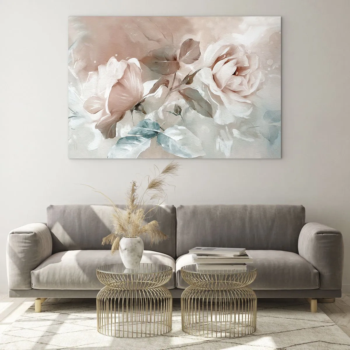 Obraz na szkle - Delikatne pastelowe róże w stylu akwareli na jasnym tle - 70x50cm - Duch romantyzmu - Nowoczesna dekoracja ścienna do salonu i sypialni ARTTOR