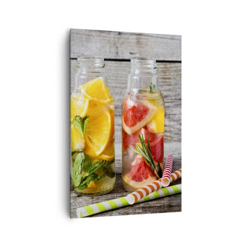 Obraz na płótnie - Butelki z owocową wodą i ziołami na drewnianym tle - 80x120cm - Zdrowe z natury - Nowoczesna dekoracja ścienna do salonu i sypialni ARTTOR