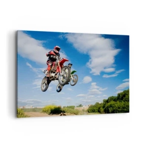 Obraz na płótnie - Zawodnicy na motocyklach crossowych w powietrzu podczas skoku - 120x80cm - Podniebny skok - Nowoczesna dekoracja ścienna do salonu, kuchni i sypialni ARTTOR