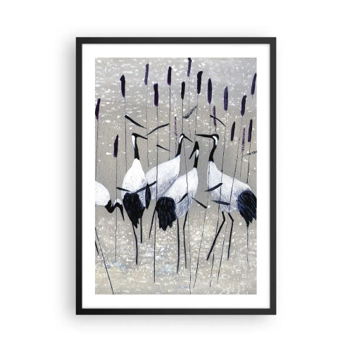 Plakat w czarnej ramie - Gracja żurawi w subtelnym pejzażu z trawami i wodą - 50x70cm - Wśród swoich - Nowoczesna dekoracja ścienna do salonu i sypialni ARTTOR
