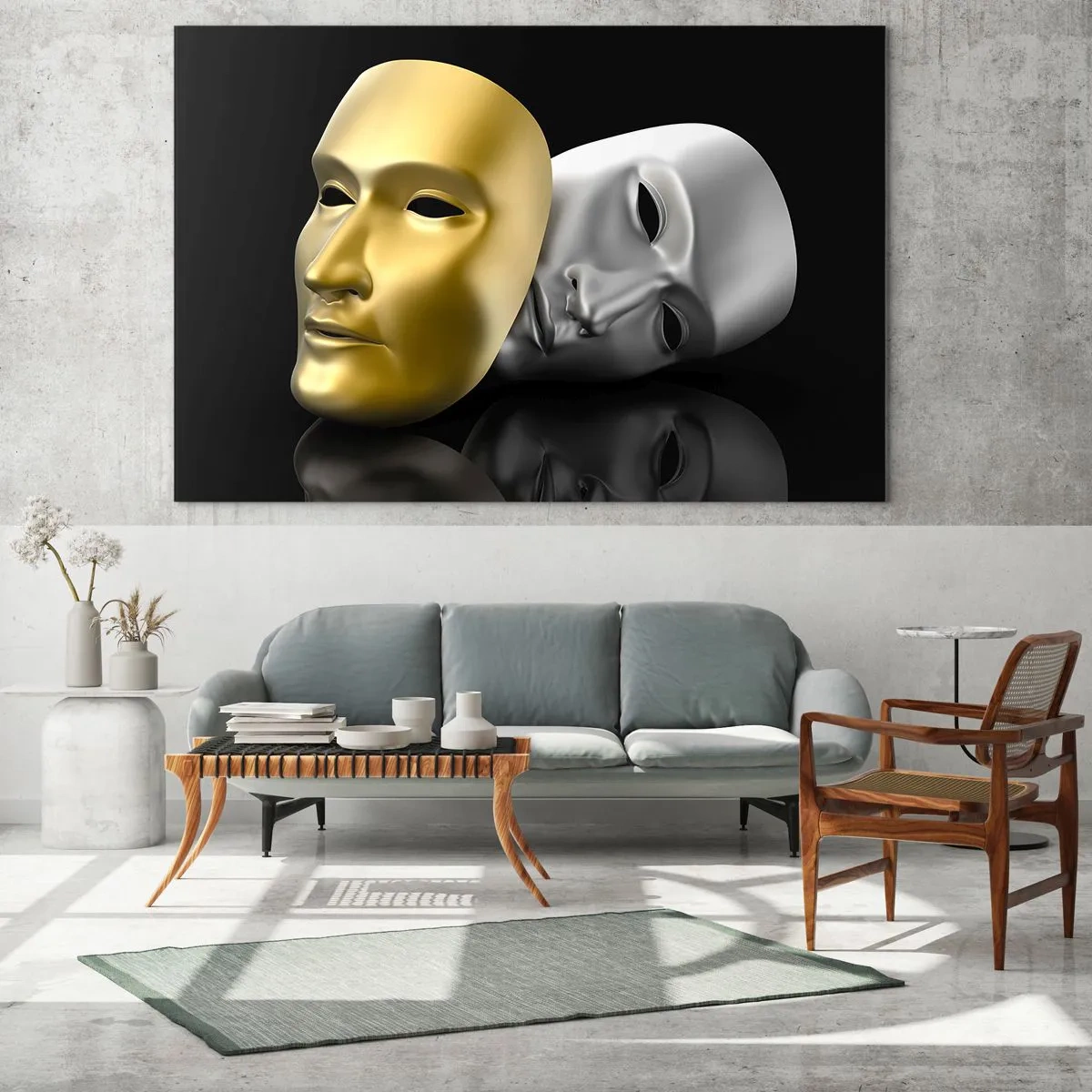 Obraz na szkle - Złota i srebrna maska na czarnym tle - 70x50cm - Życie to jest teatr - Nowoczesna dekoracja ścienna do salonu i sypialni ARTTOR