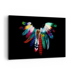 Obraz na płótnie - Kolorowe pióra na czarnym tle w artystycznej kompozycji - 120x80cm - Indiański naszyjnik - Nowoczesna dekoracja ścienna do salonu, kuchni i sypialni ARTTOR